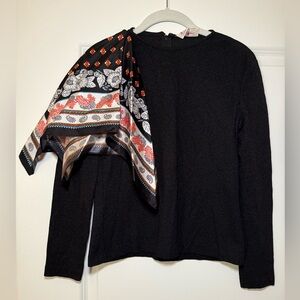 VINTAGE 1960s R&K Black Sweater with Patterned Scarf (attached) women’s size M